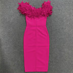 Off Shoulder Feather Pink Bandage Dress H6018