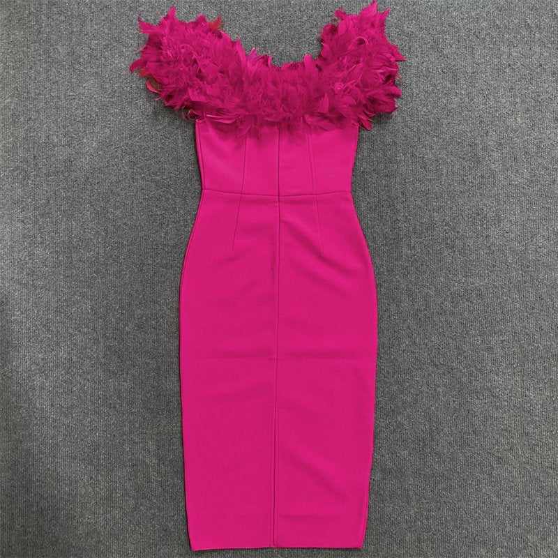 Off Shoulder Feather Pink Bandage Dress H6018