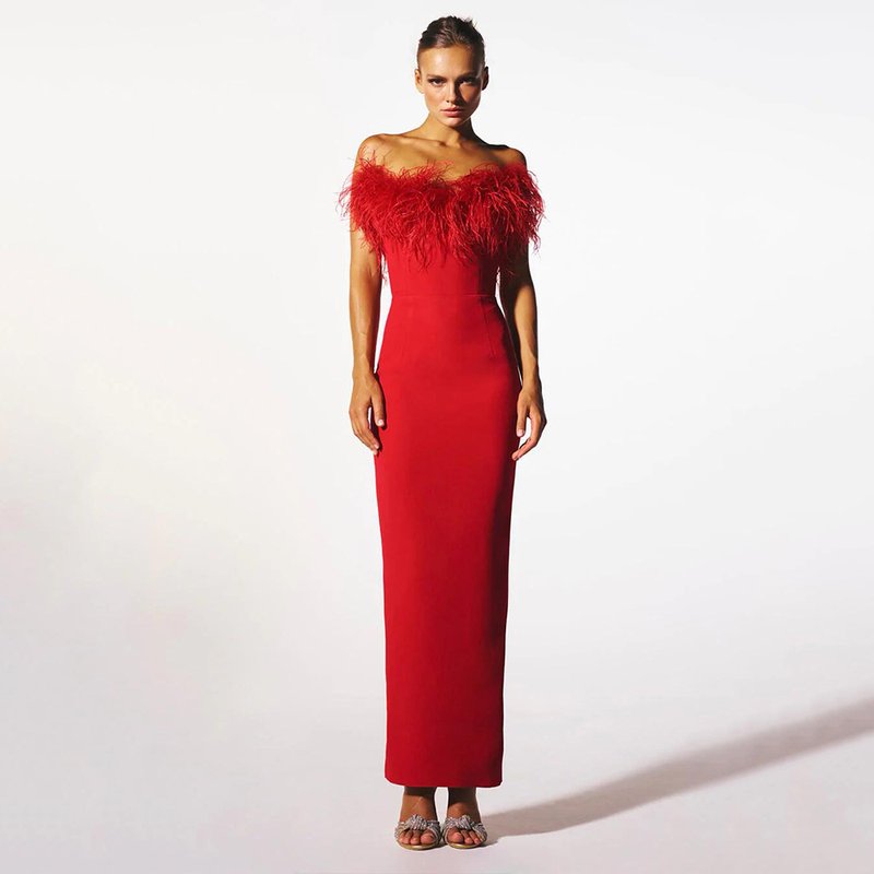 Off-Shoulder Feather Red Maxi Dress H5430