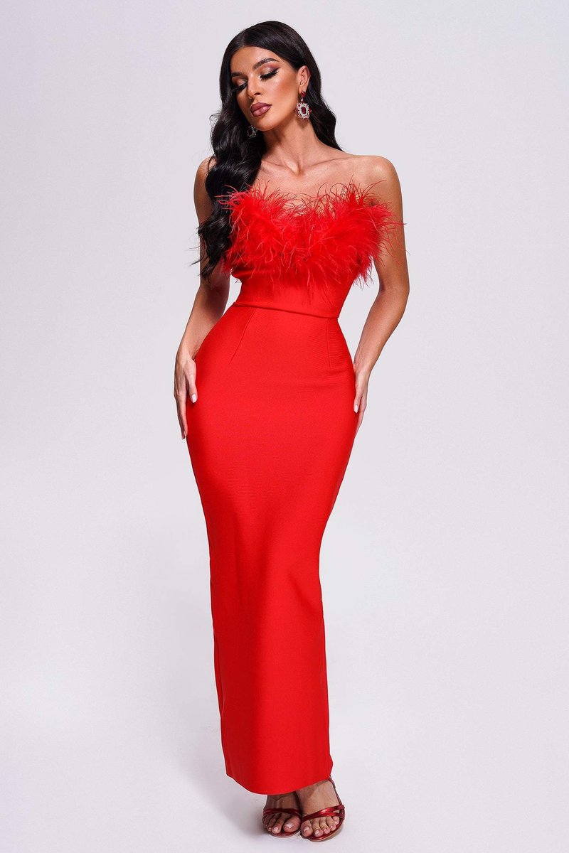 Off-Shoulder Feather Red Maxi Dress H5430