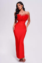 Off-Shoulder Feather Red Maxi Dress H5430