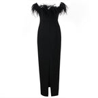 Off-Shoulder Feather Red Maxi Dress H5430