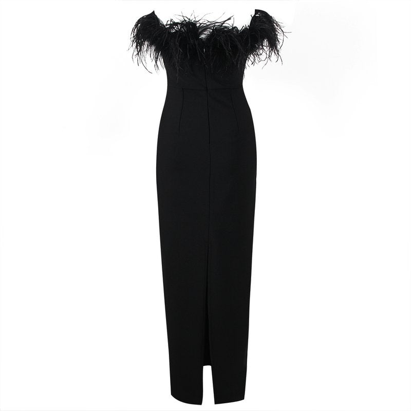 Off-Shoulder Feather Red Maxi Dress H5430