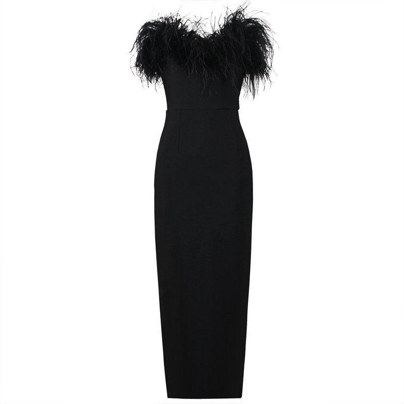 Off-Shoulder Feather Red Maxi Dress H5430