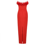 Off-Shoulder Feather Red Maxi Dress H5430
