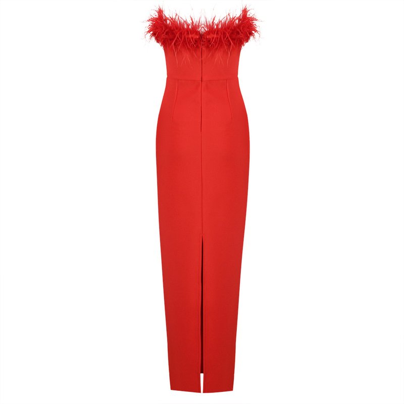 Off-Shoulder Feather Red Maxi Dress H5430