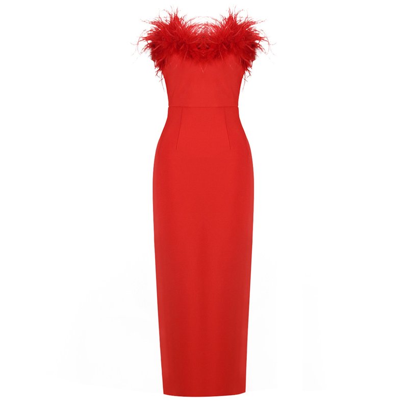 Off-Shoulder Feather Red Maxi Dress H5430
