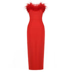 Off-Shoulder Feather Red Maxi Dress H5430
