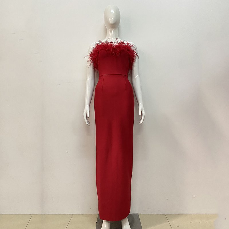 Off-Shoulder Feather Red Maxi Dress H5430