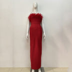 Off-Shoulder Feather Red Maxi Dress H5430