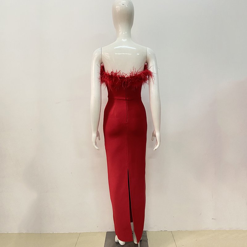 Off-Shoulder Feather Red Maxi Dress H5430