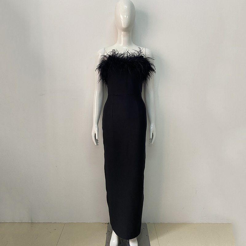 Off-Shoulder Feather Red Maxi Dress H5430