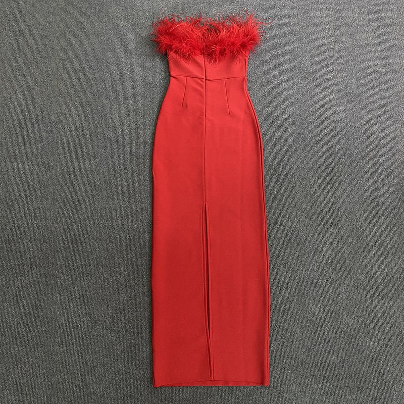 Off-Shoulder Feather Red Maxi Dress H5430