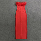 Off-Shoulder Feather Red Maxi Dress H5430