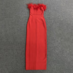 Off-Shoulder Feather Red Maxi Dress H5430