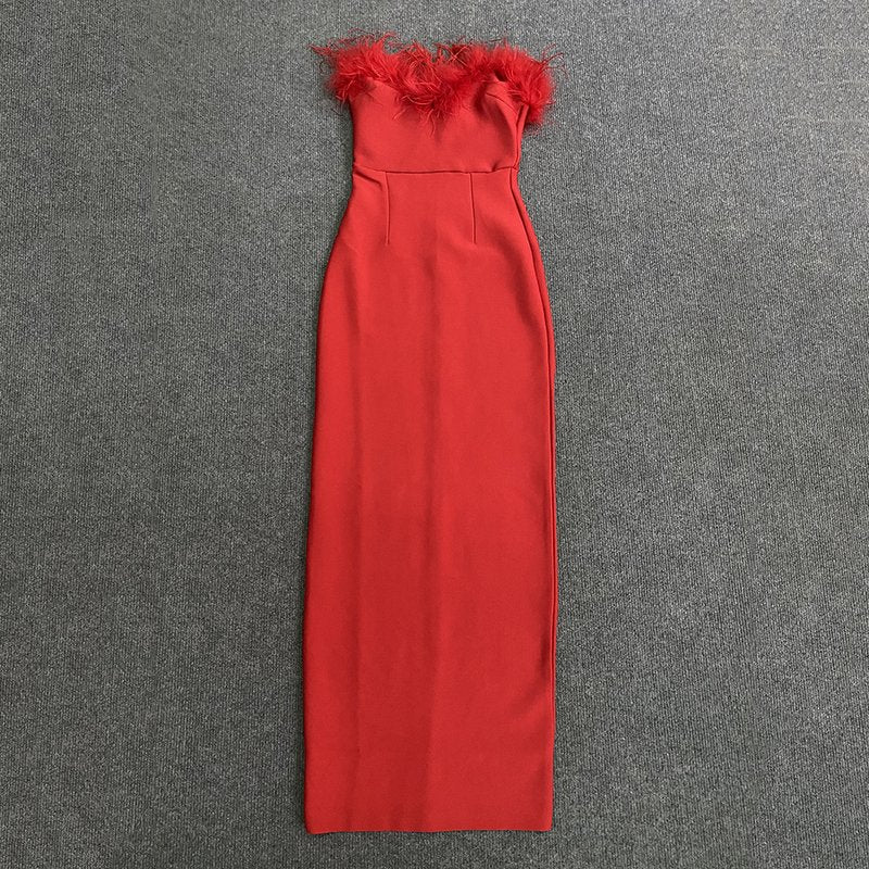 Off-Shoulder Feather Red Maxi Dress H5430