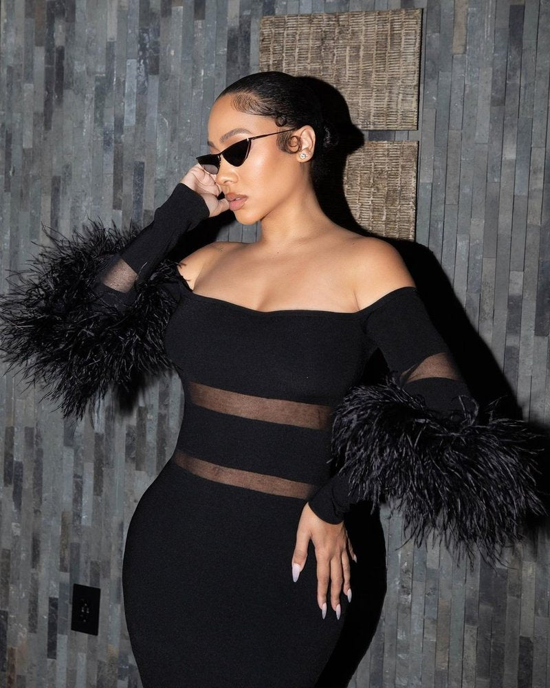 Off Shoulder Feather Sleeve Bandage Dress H5821