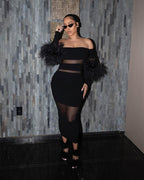 Off Shoulder Feather Sleeve Bandage Dress H5821