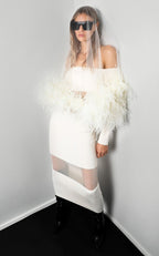 Off Shoulder Feather Sleeve Bandage Dress H5821