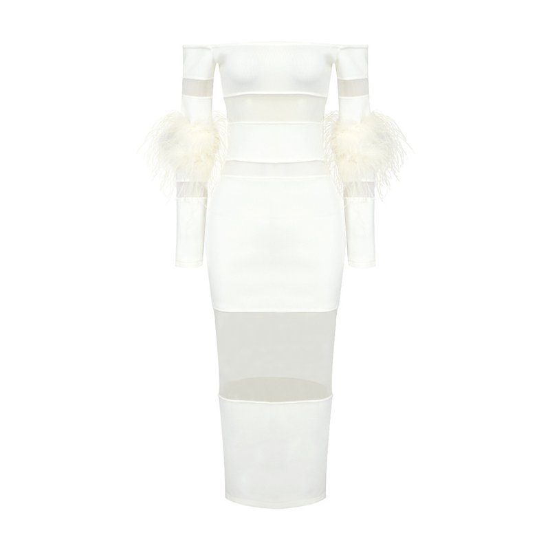Off Shoulder Feather Sleeve Bandage Dress H5821