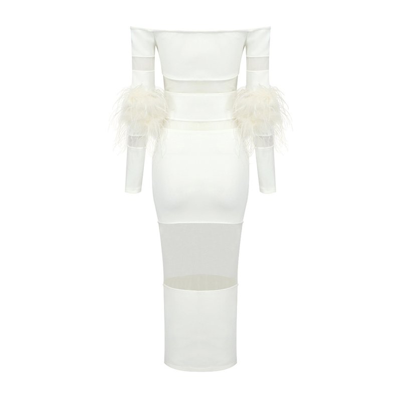Off Shoulder Feather Sleeve Bandage Dress H5821