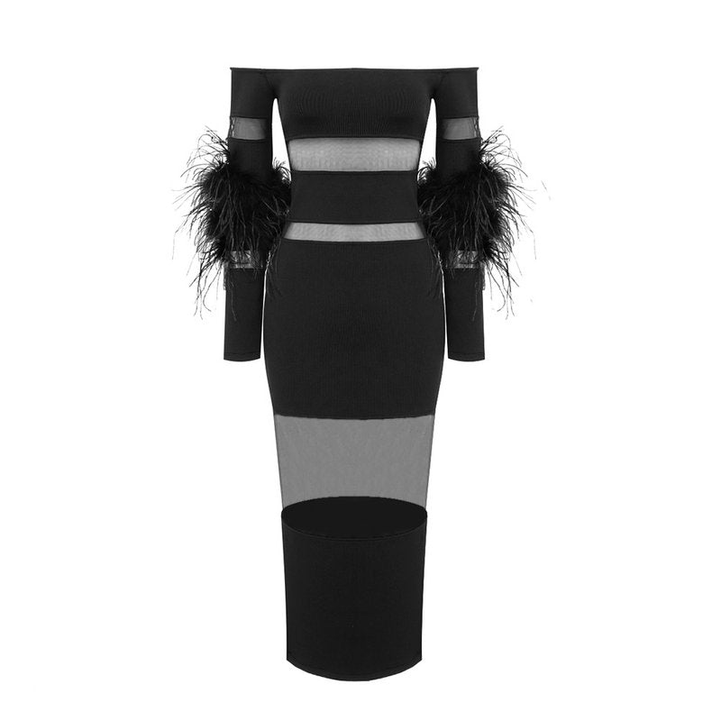 Off Shoulder Feather Sleeve Bandage Dress H5821