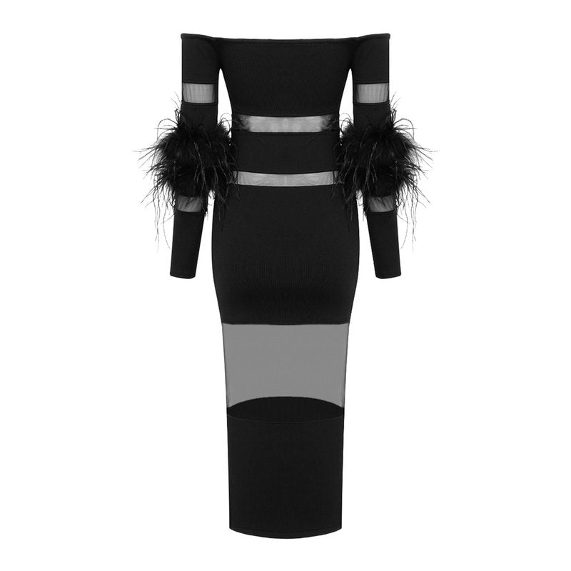 Off Shoulder Feather Sleeve Bandage Dress H5821