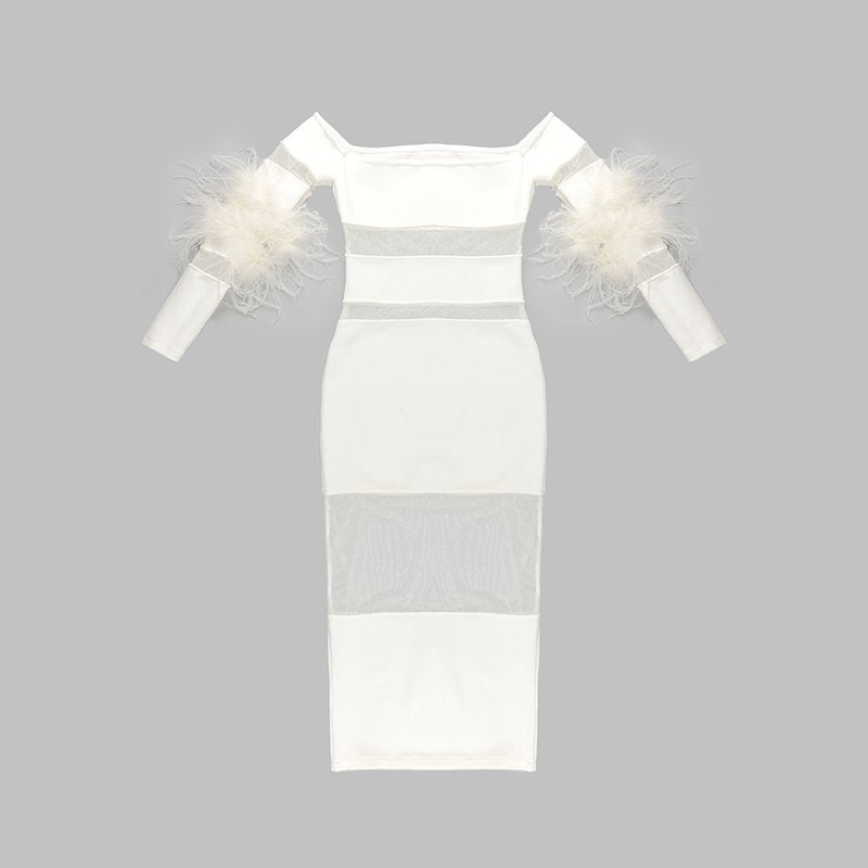 Off Shoulder Feather Sleeve Bandage Dress H5821