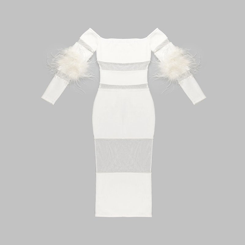 Off Shoulder Feather Sleeve Bandage Dress H5821