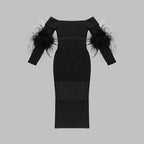 Off Shoulder Feather Sleeve Bandage Dress H5821