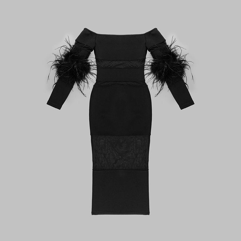 Off Shoulder Feather Sleeve Bandage Dress H5821