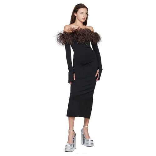 Off Shoulder Feathered Bandage Dress H6529