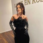 Off Shoulder Feathered Black Dress H6456