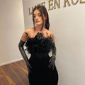 Off Shoulder Feathered Black Dress H6456