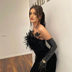 Off Shoulder Feathered Black Dress H6456