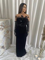 Off Shoulder Feathered Black Dress H6456