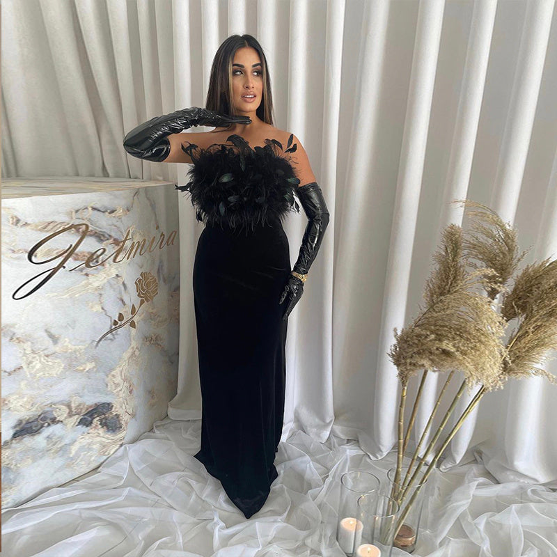 Off Shoulder Feathered Black Dress H6456