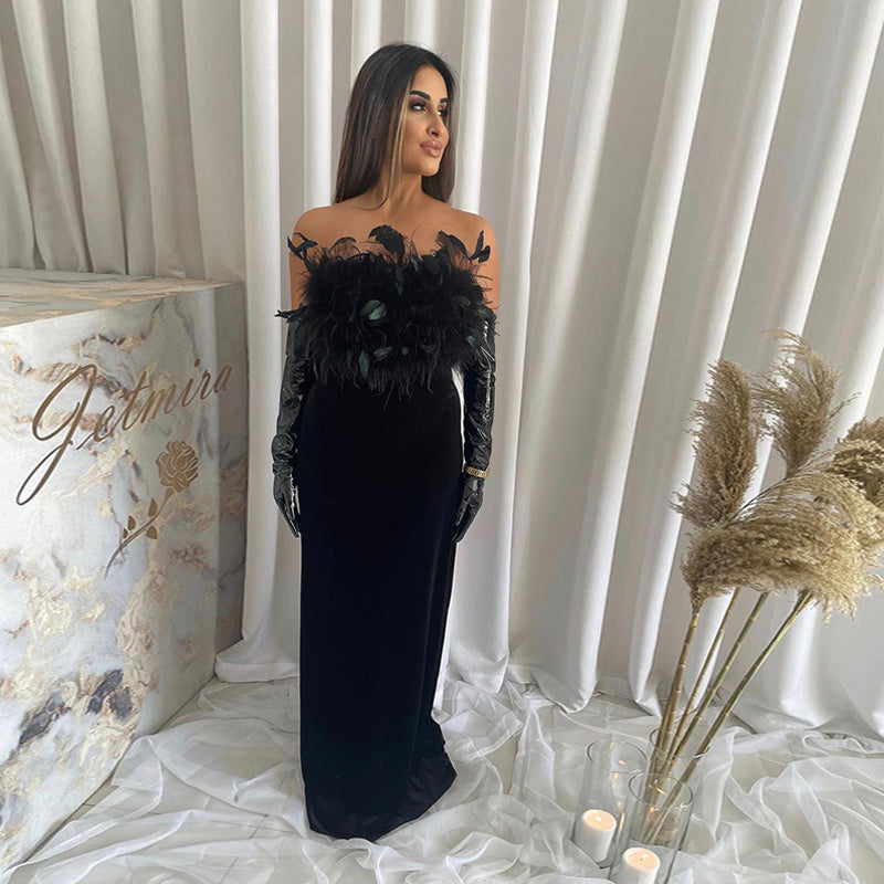 Off Shoulder Feathered Black Dress H6456