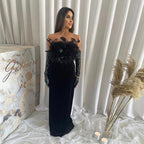 Off Shoulder Feathered Black Dress H6456