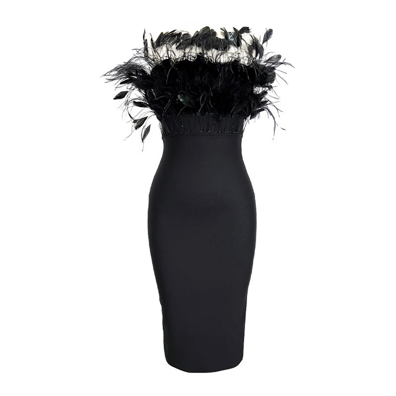 Off Shoulder Feathered Black Dress H6456