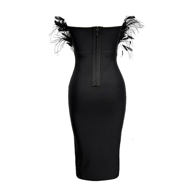 Off Shoulder Feathered Black Dress H6456