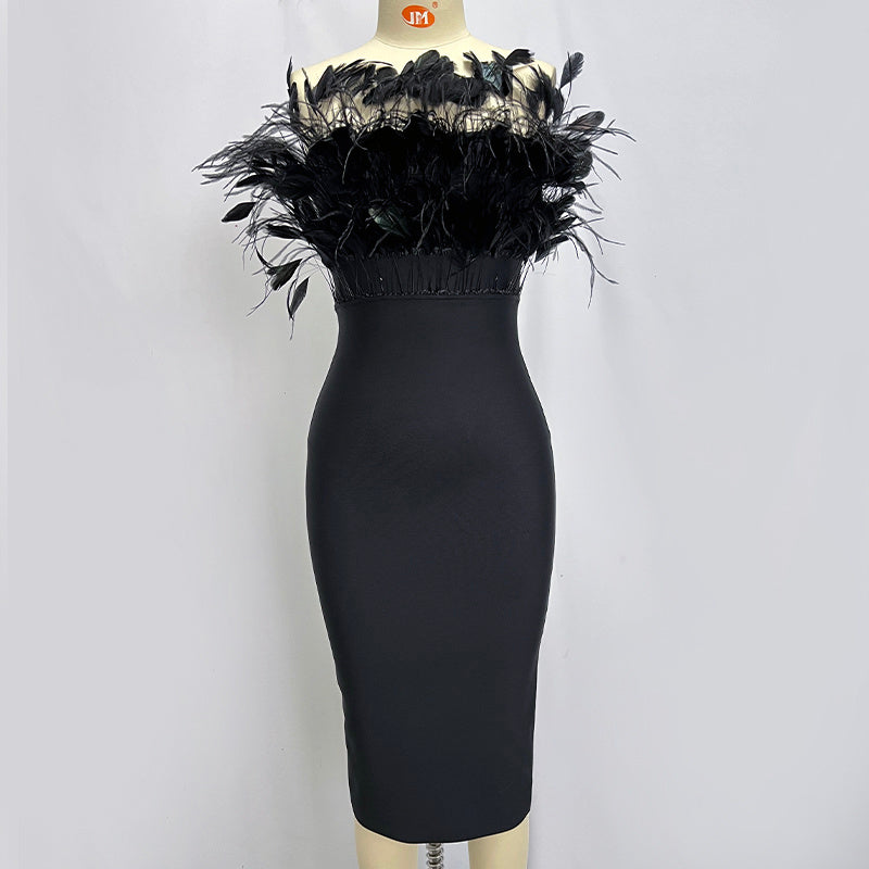 Off Shoulder Feathered Black Dress H6456