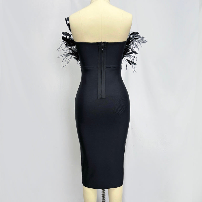 Off Shoulder Feathered Black Dress H6456