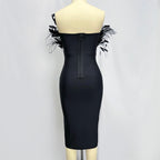 Off Shoulder Feathered Black Dress H6456