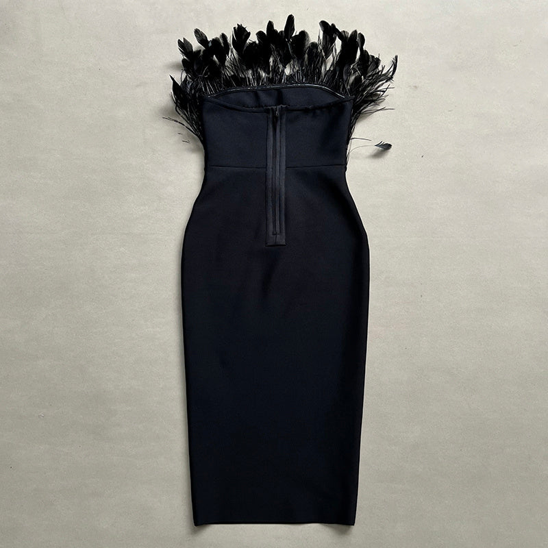 Off Shoulder Feathered Black Dress H6456