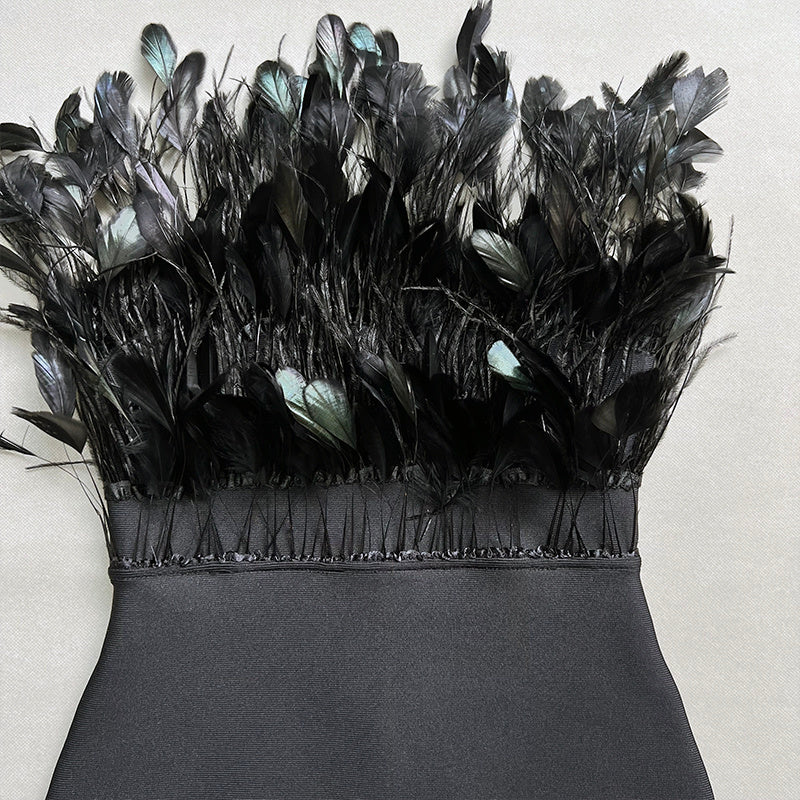 Off Shoulder Feathered Black Dress H6456