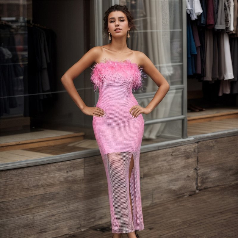 Off-Shoulder Feathered Pink Bandage Dress H6384