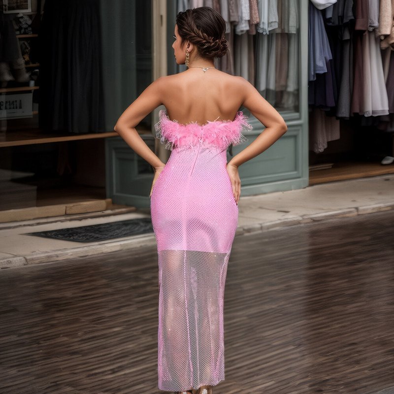 Off-Shoulder Feathered Pink Bandage Dress H6384