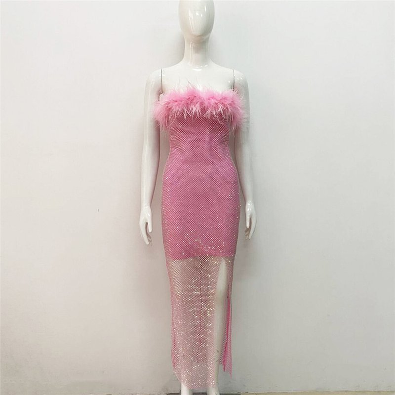 Off-Shoulder Feathered Pink Bandage Dress H6384