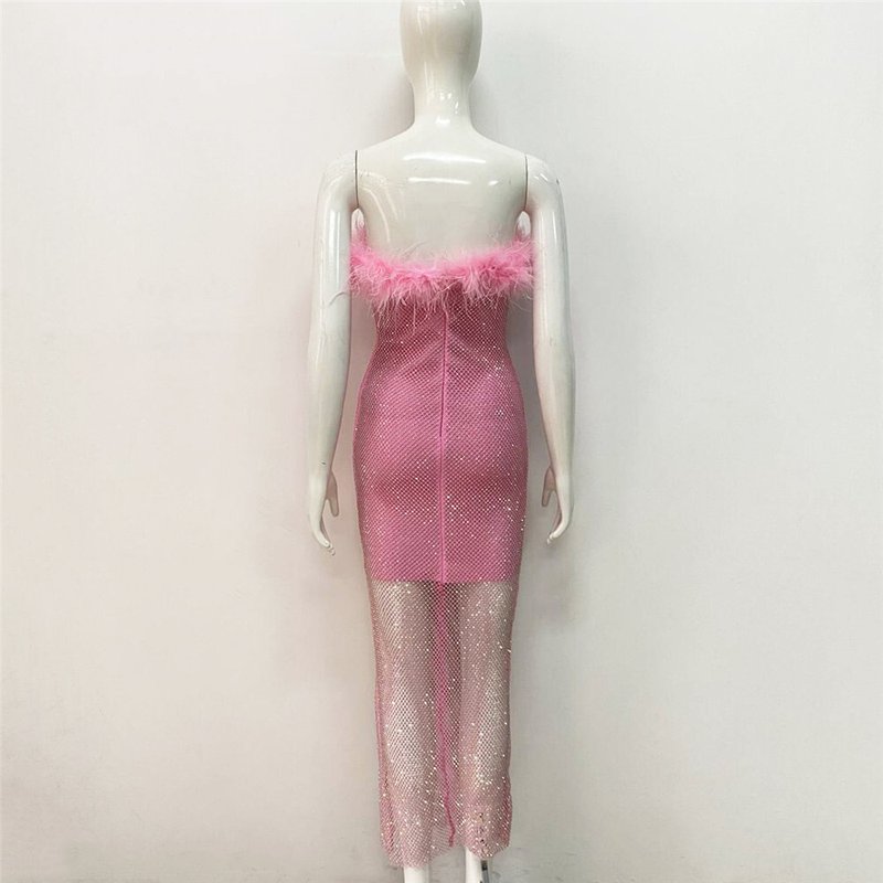 Off-Shoulder Feathered Pink Bandage Dress H6384